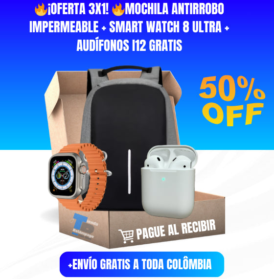 ¡Oferta 3X1! Mochila Antirrobo Impermeable + Smart Watch 8 Ultra + Audífonos i12 Gratis- 🔥¡Black Friday!🔥